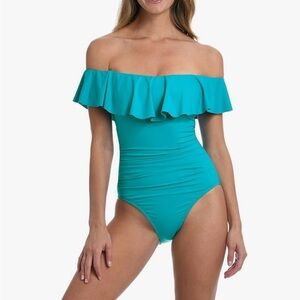 NWT La Blanca Turquoise Size 6 Off-Shoulder One Piece Swimsuit